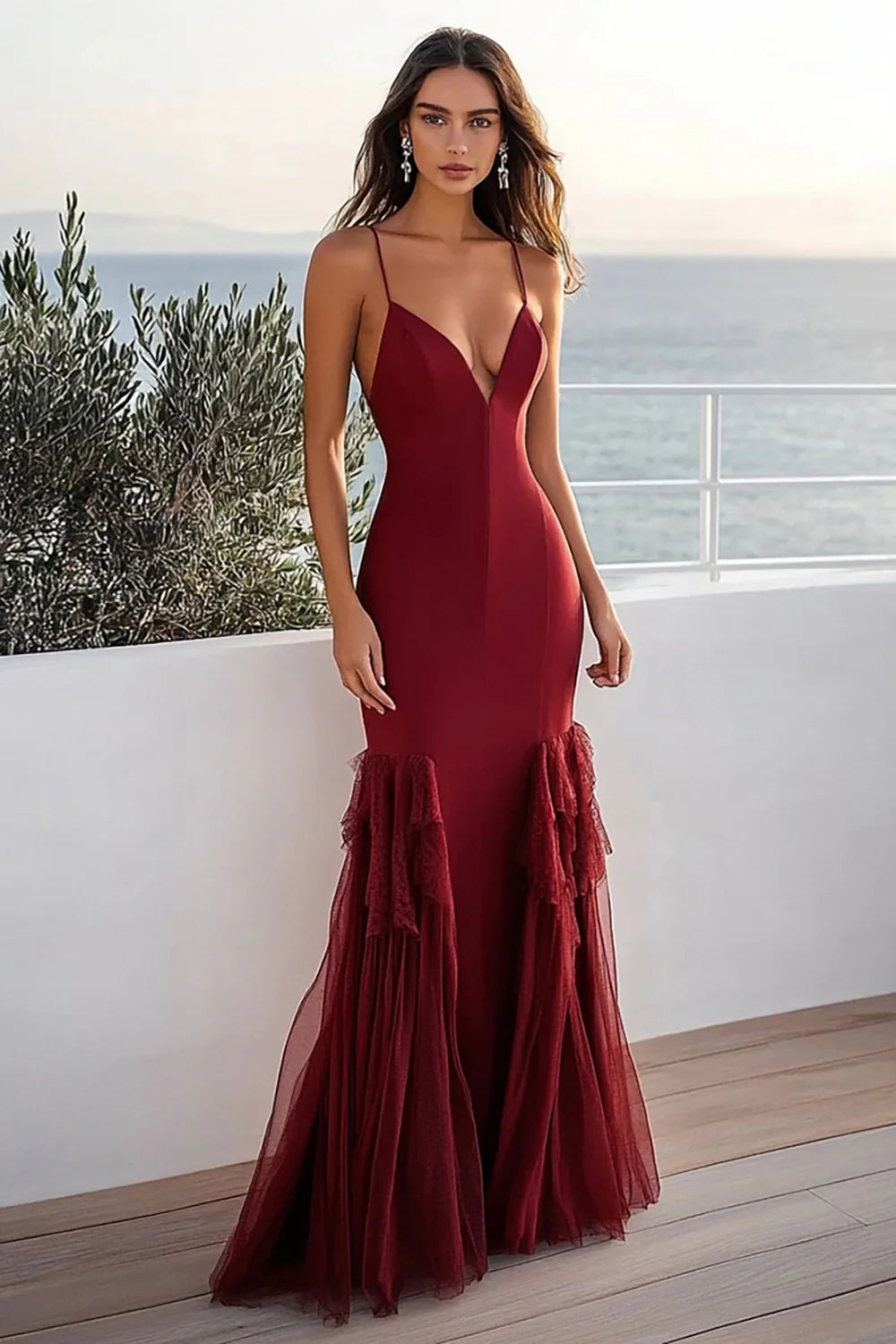 Burgundy Spaghetti Straps Mermaid Long Wedding Full Of Charm Evening Dresses
